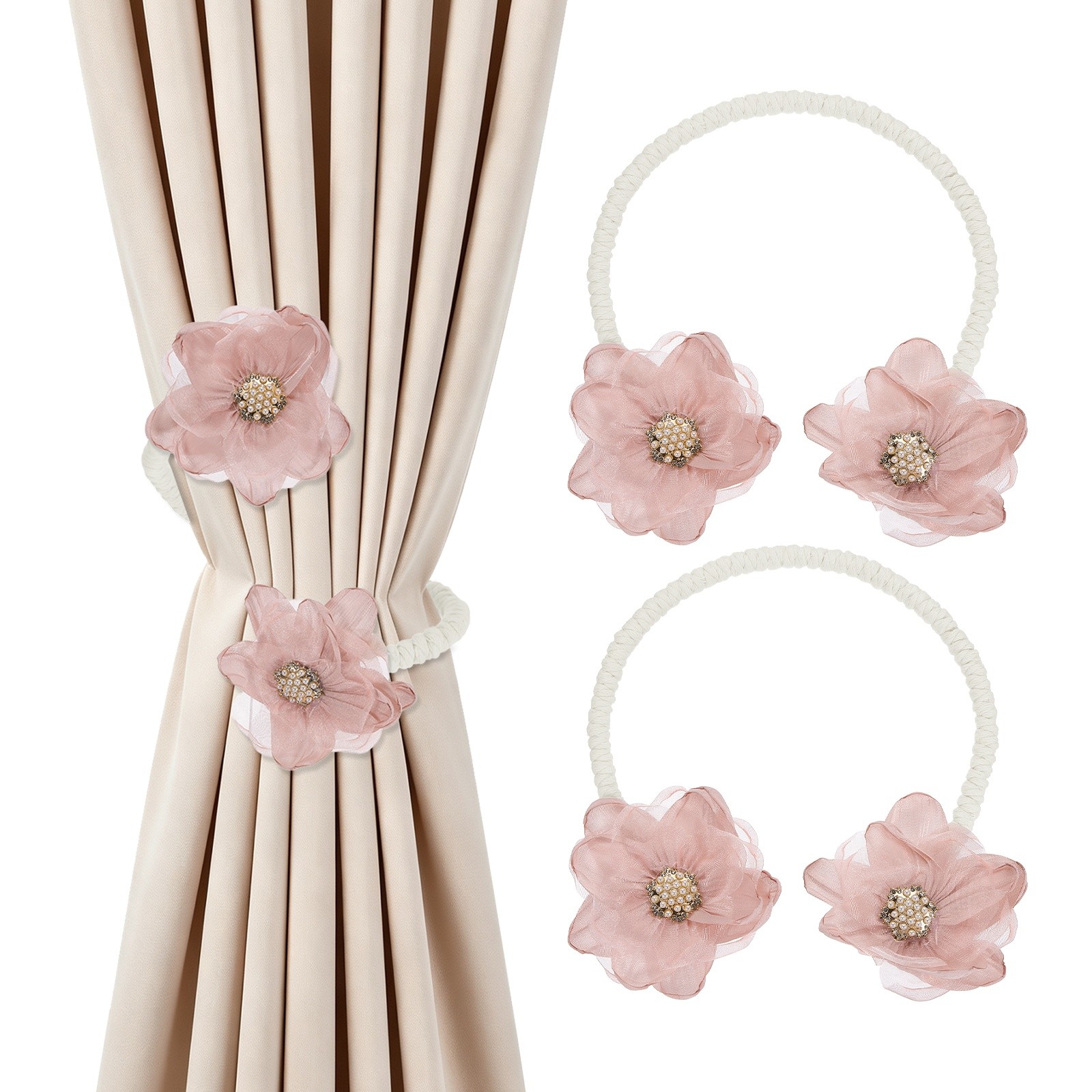 2Pcs Flower Curtain Tiebacks, 2 Flower 45cm Twist Holdbacks Clip, Pink