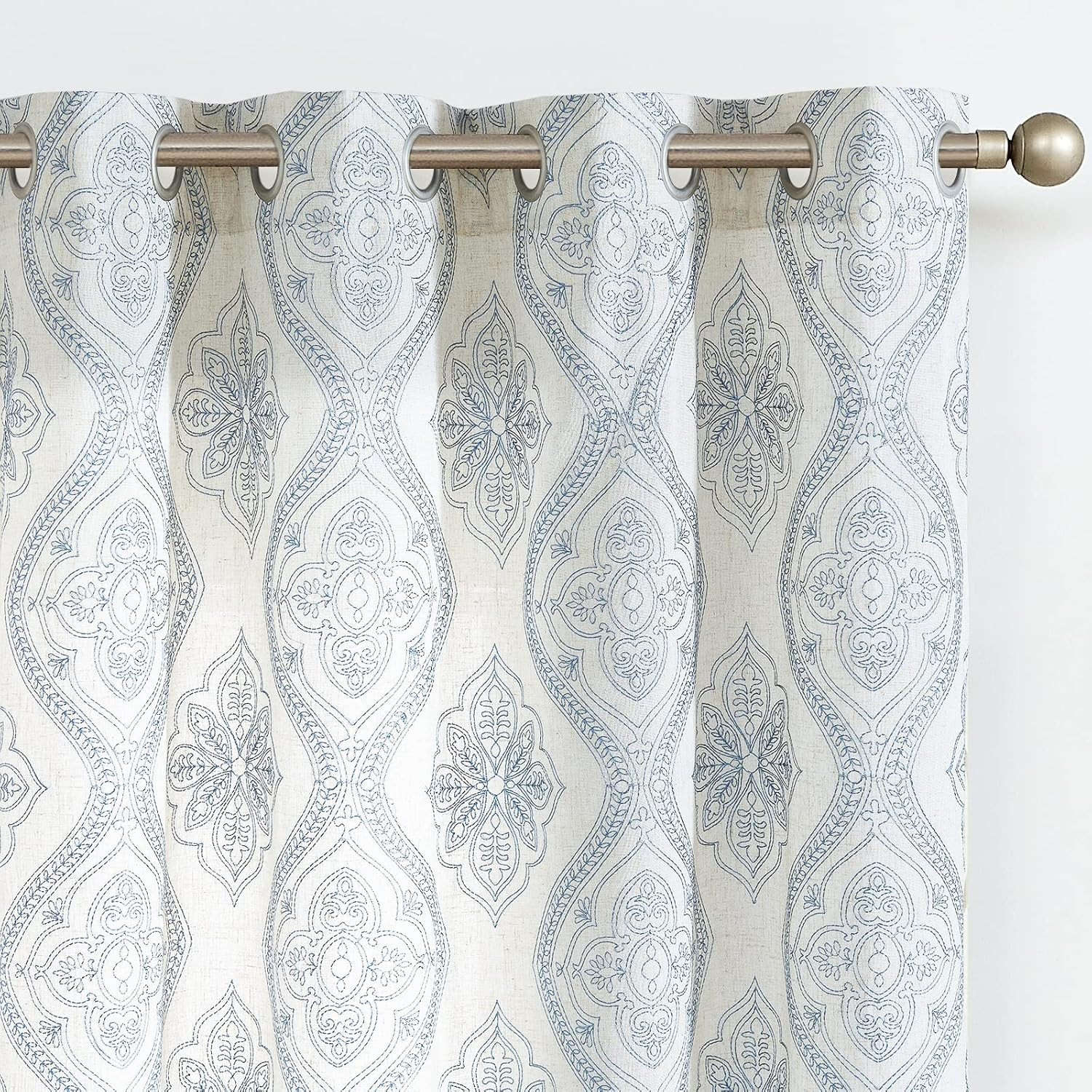 Embroidered Boho Linen Curtains – Light Filtering Grommet Panels, 84″ Blue/Ecru