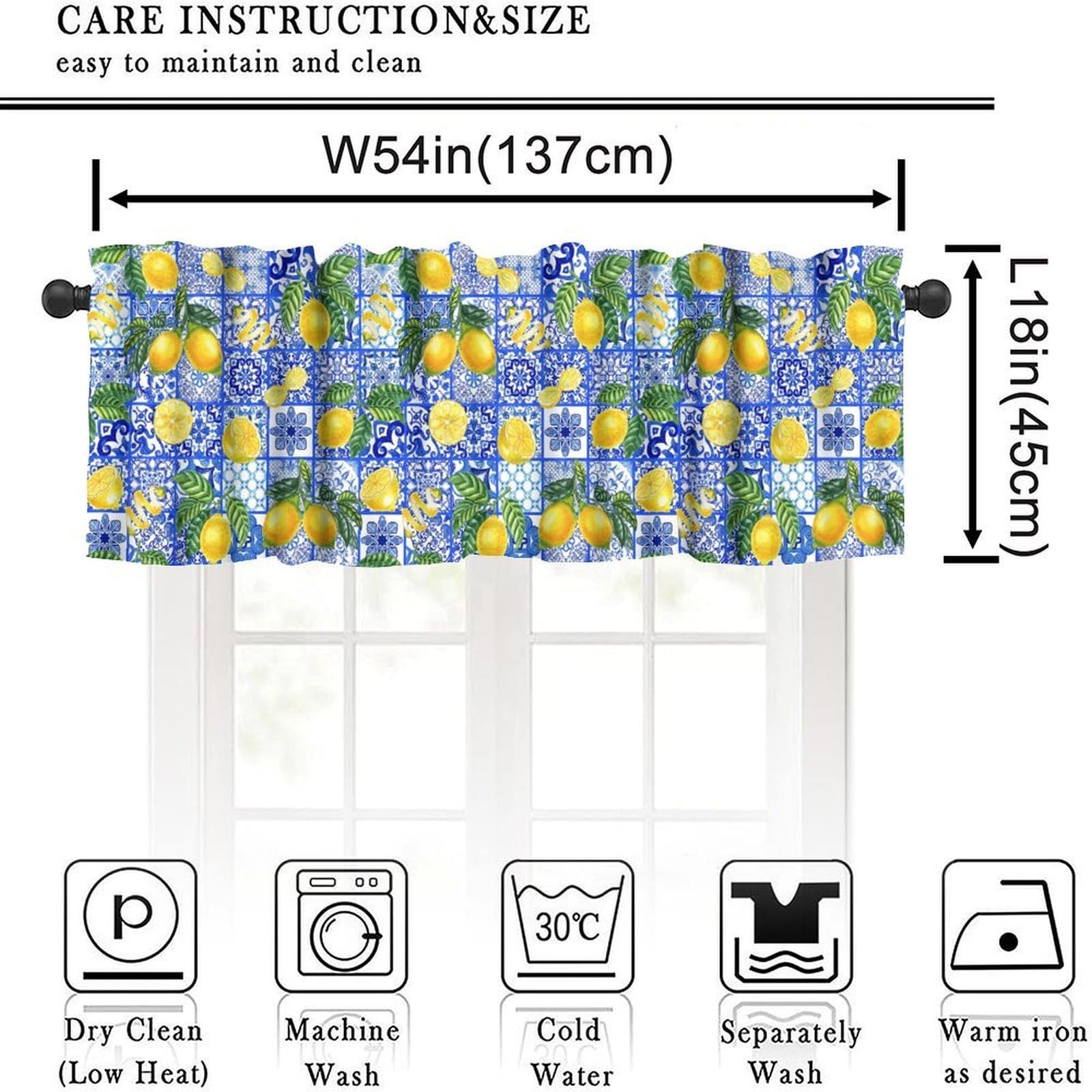 Lemon Valances Curtain, Curlicue Leaves Blue Majolica Tiles Yellow Lemons Win…
