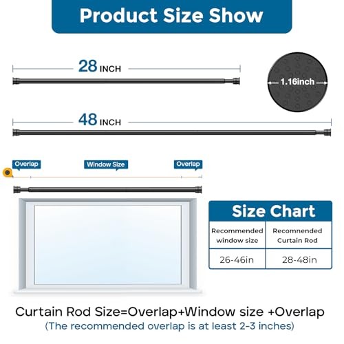 Curtain Rods No Drilling for Windows 28 to 48 Inches,1/2 Inch 28″-48″ Black