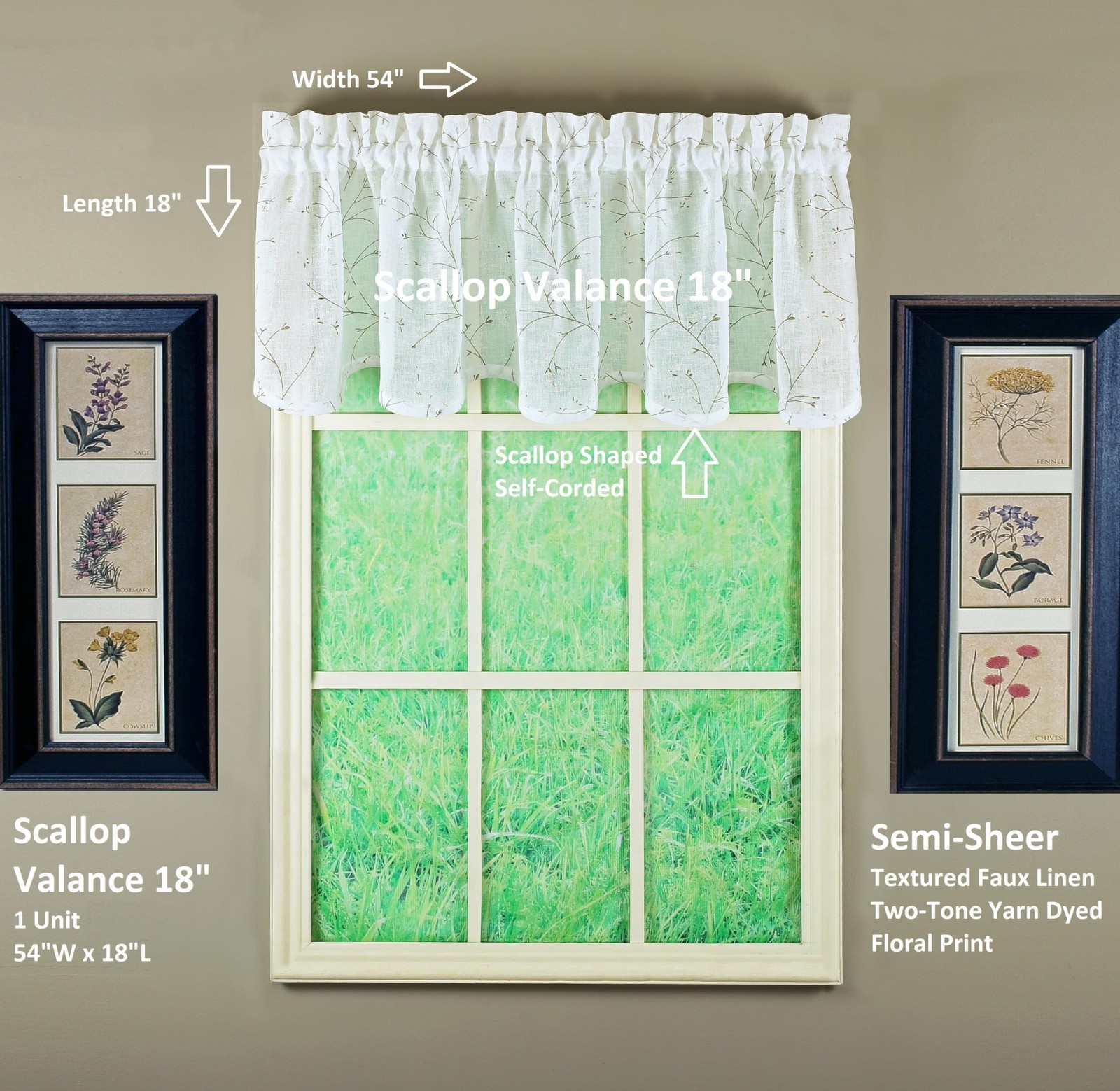 Today’S Curtain Todays Curtain Willow Faux Linen Print Scallop Valance 18 Ecru