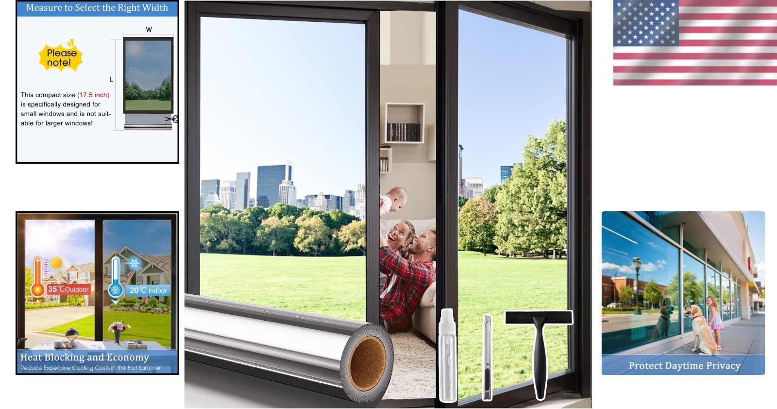 Daytime Privacy Reflective Window Film with Installation Tools – 17.5×78.7 Inch
