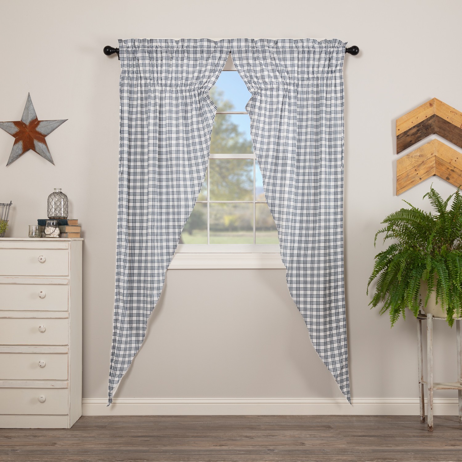 Sawyer Mill Denim Blue White Plaid Lined Country Gathered Long Prairie Curtains