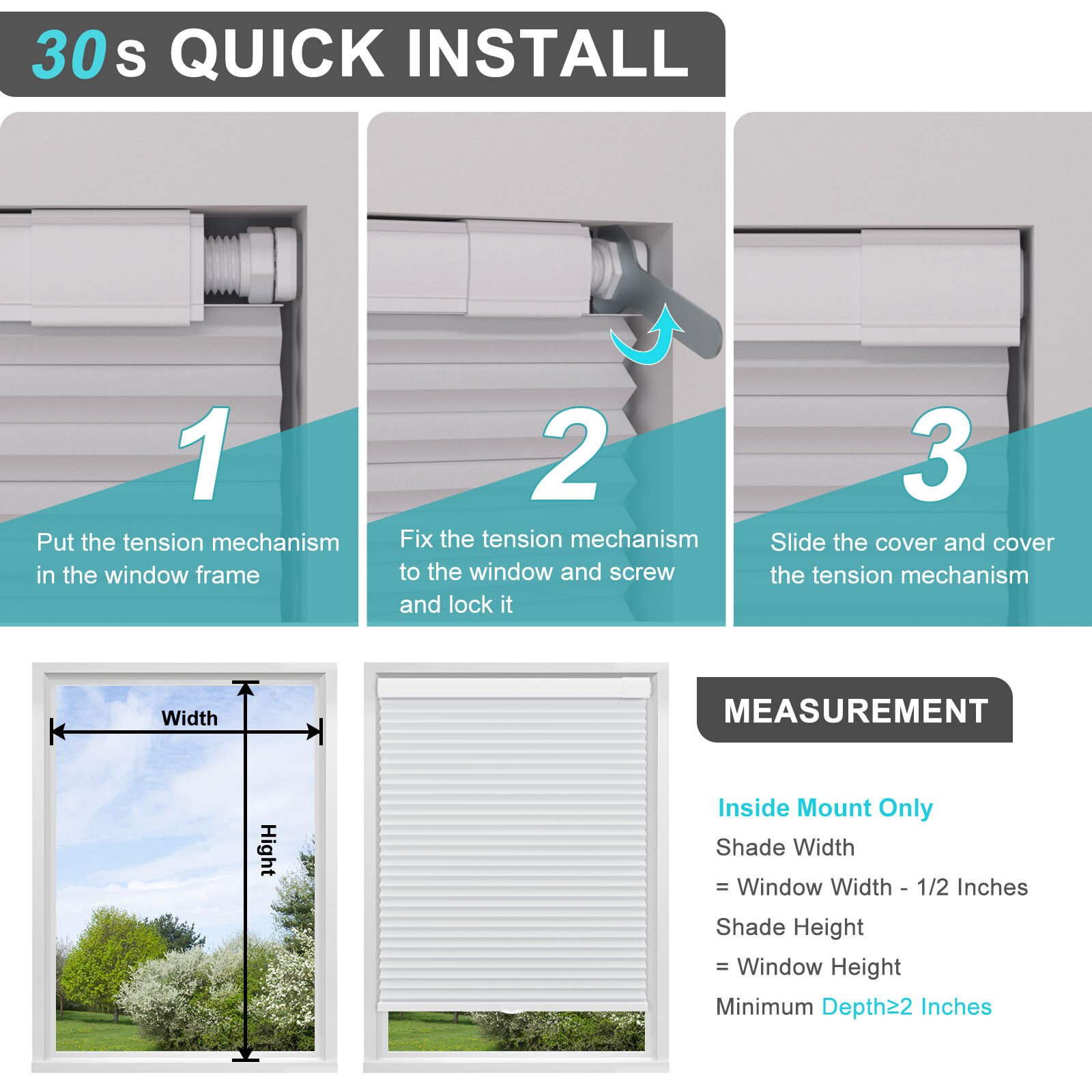 Blackout 1.5” Cellular Shades Honeycombs for Window No Drill No Tools Cordless