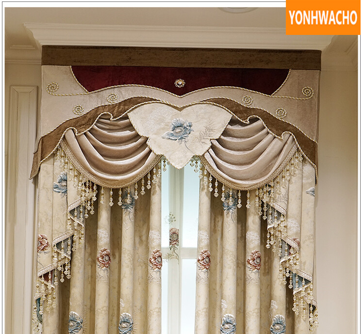 modern European embossed living room beige cloth curtain tulle valance B106