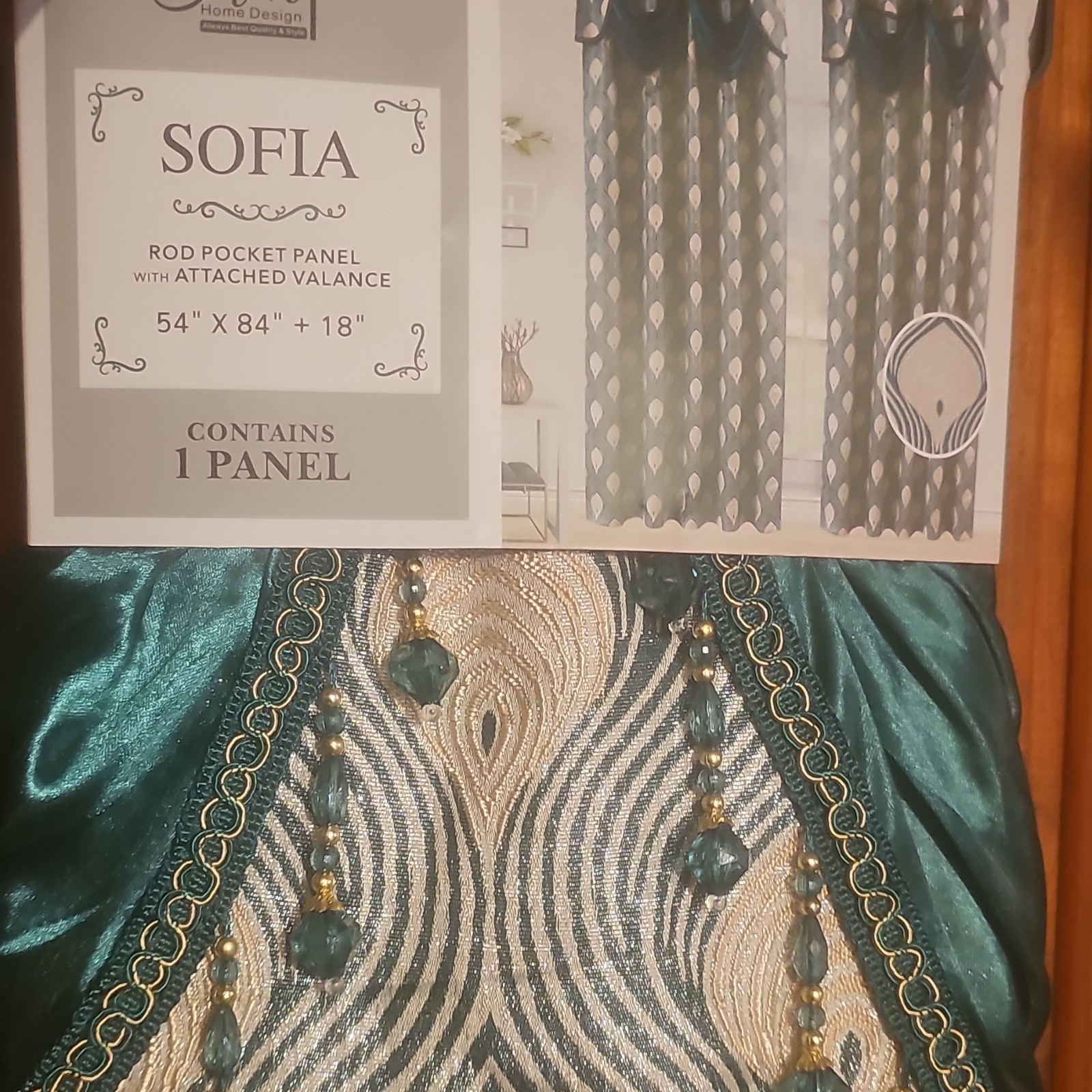 H&M Home Design Sofia Rod Pocket Panel Curtain w/ Valance Teal Gold 54×84+18in