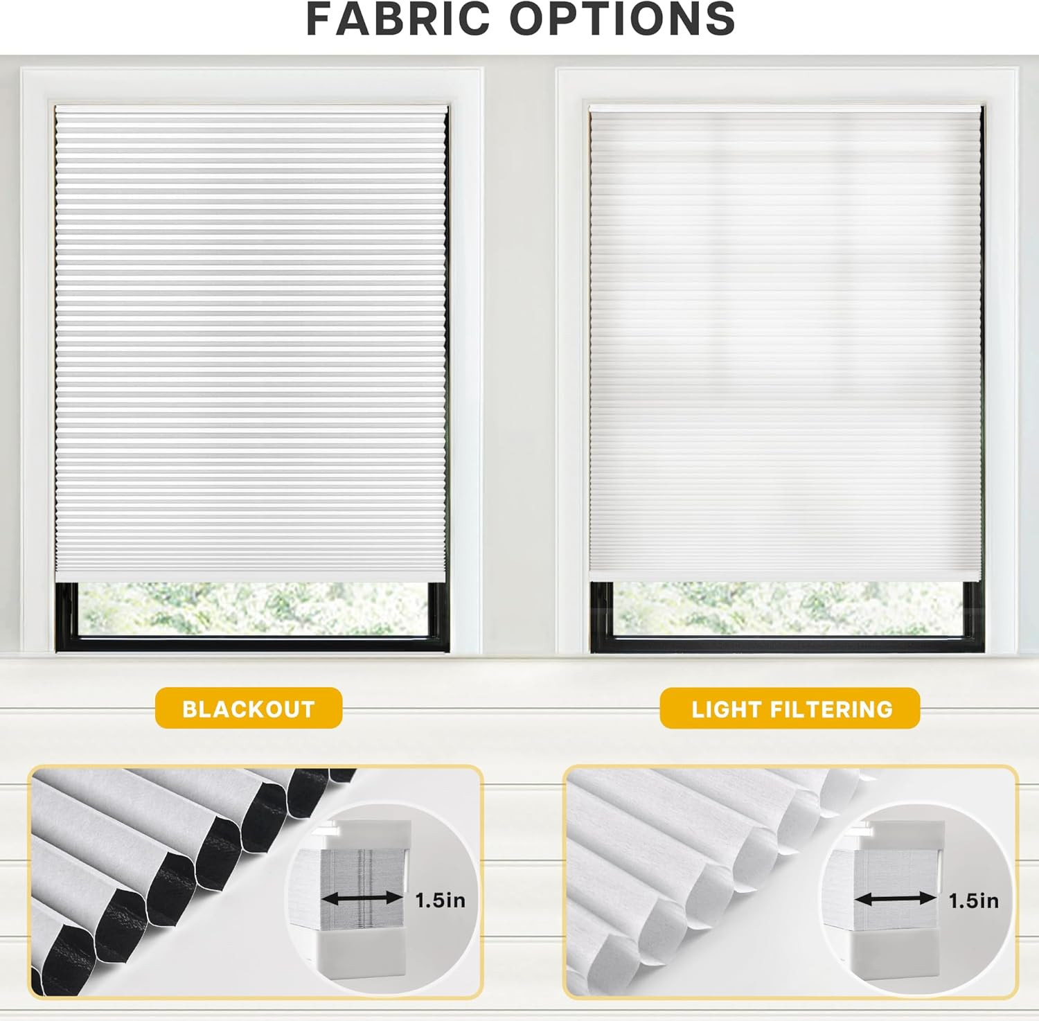 Cordless Honeycomb Blinds, UV Protection, Easy Mount, 38″ W x 72″ H, White