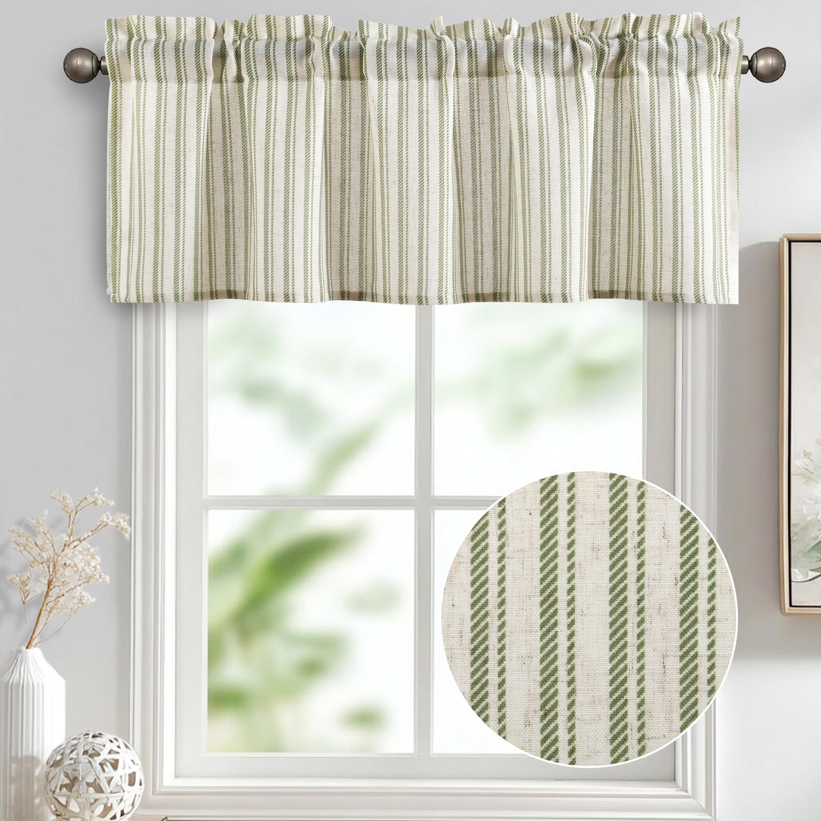 52×18 Inch Kitchen Valance – Thick Textured Linen Striped Window Valance Curt…