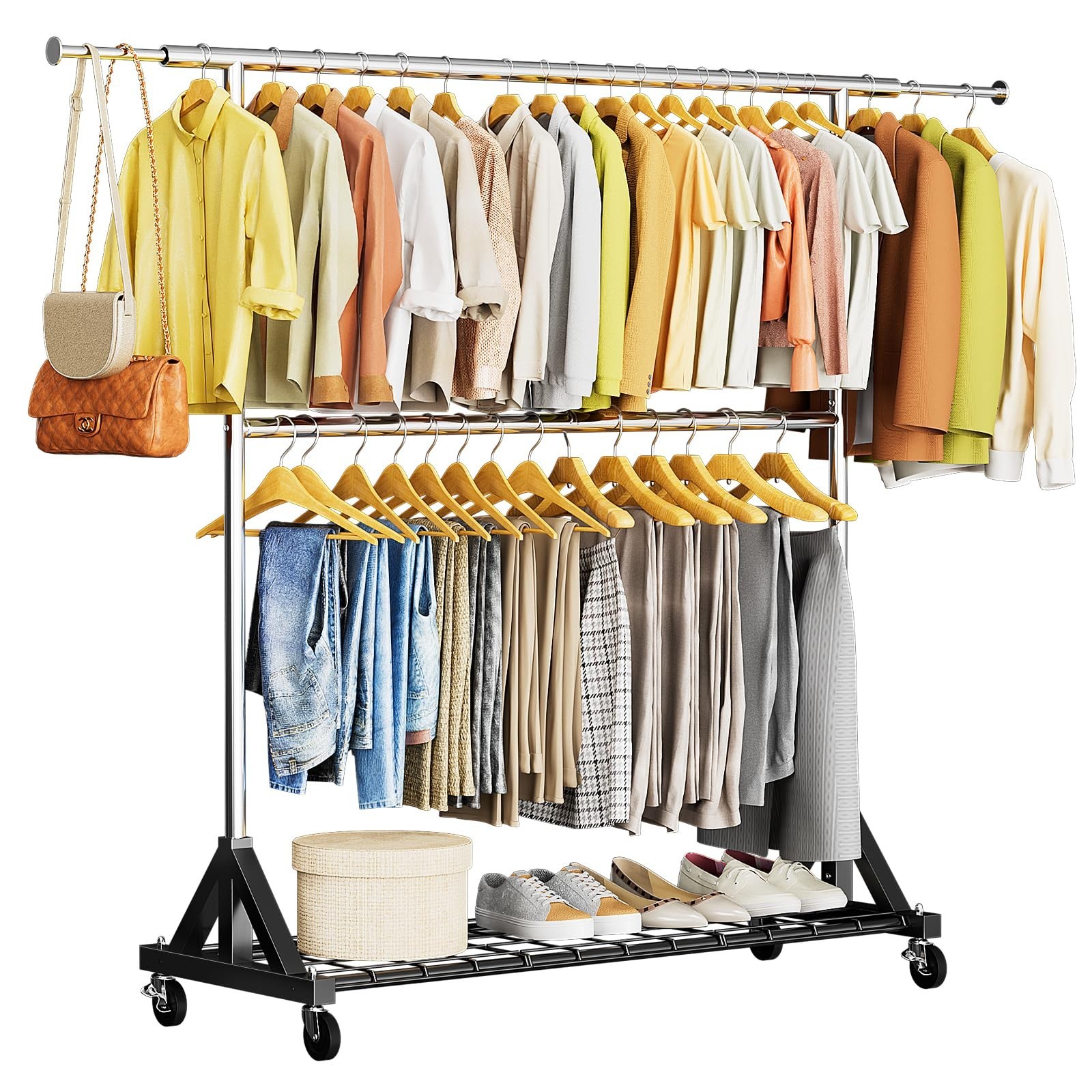 Luxspire Heavy Duty Clothes Rack Load 600 LBS, Double Rod Clothing Rack, Roll…