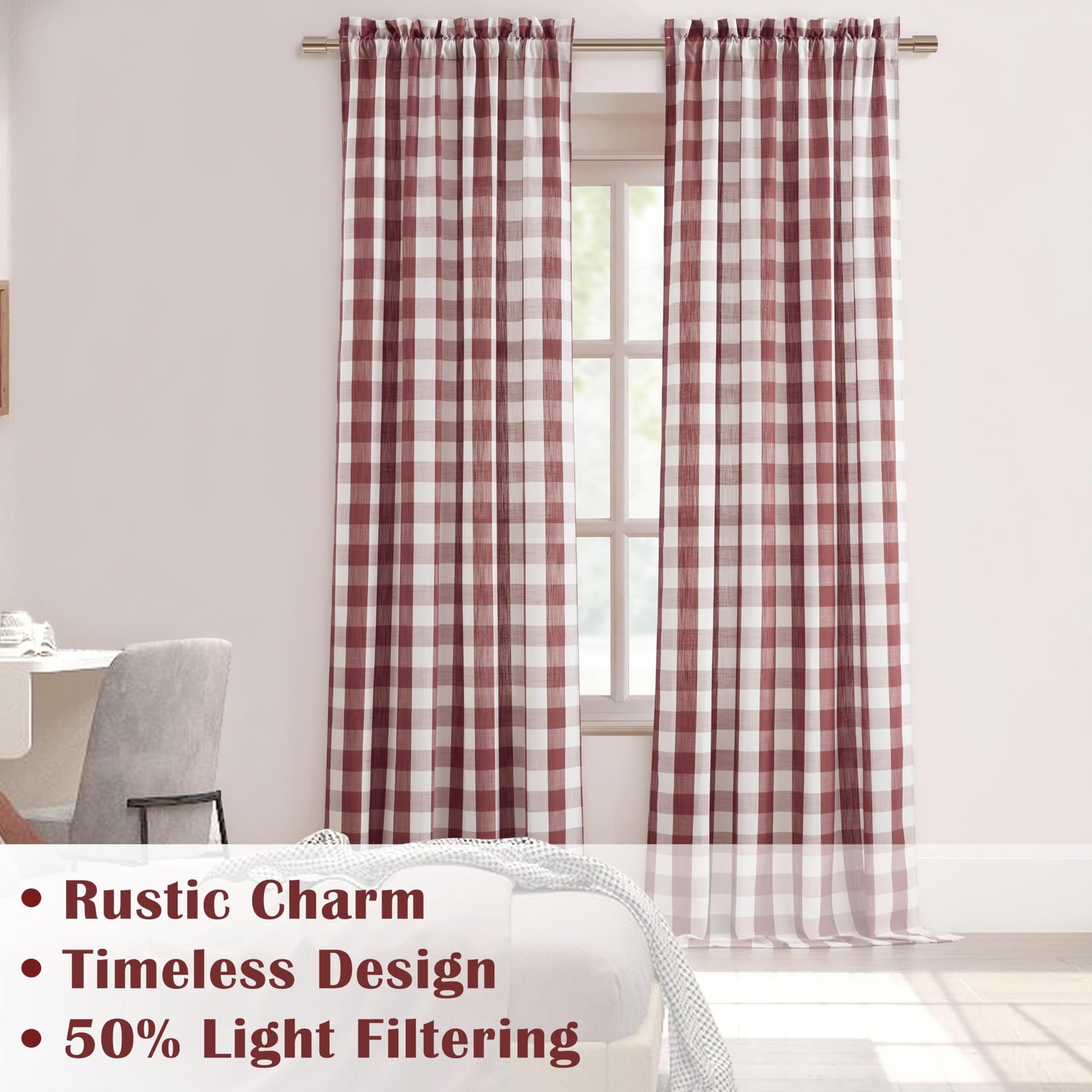 Bapawfish Red White Buffalo Check Window Curtain Panel 54 Inch Long,Burgundy …