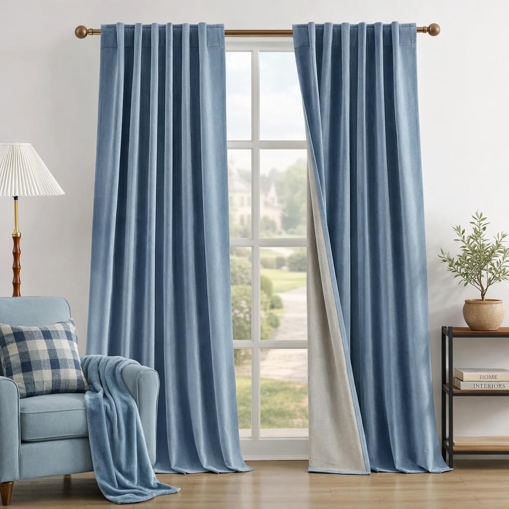 100% Chenille Blackout Curtains for Bedroom Stone Blue Curtains 96 Inch Lengt…