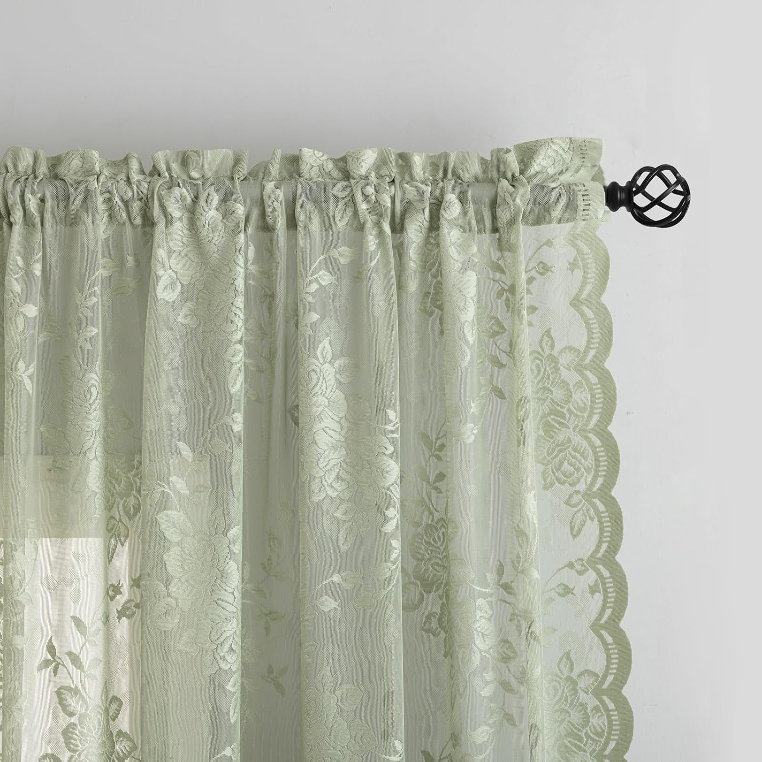 YJ YANJUN Sage Green Lace Curtains 45 inch Length Vintage Victorian Floral Sheer