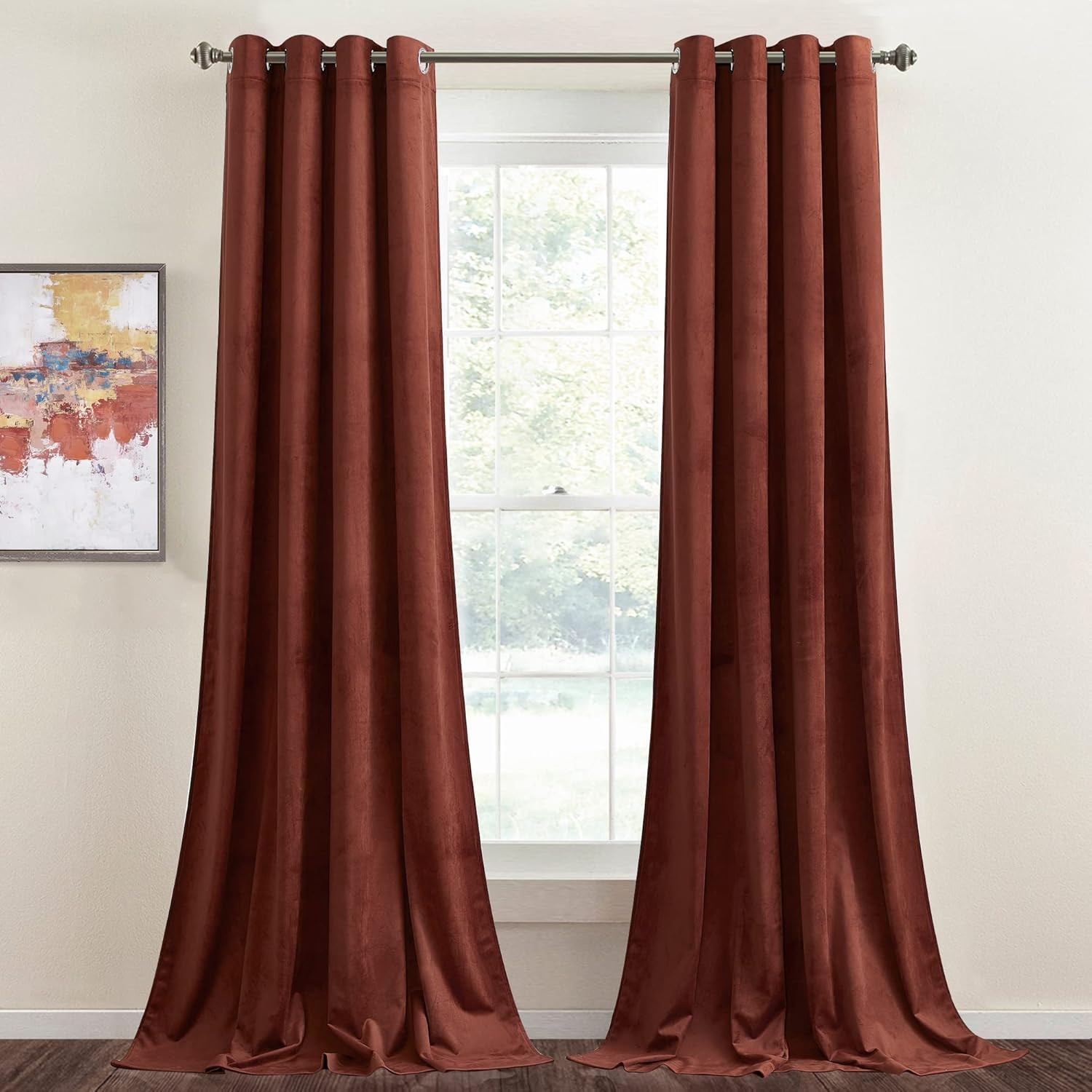 Rust Velvet Grommet Curtains – 96″ Thermal Insulated Window Panels, 2 Pack
