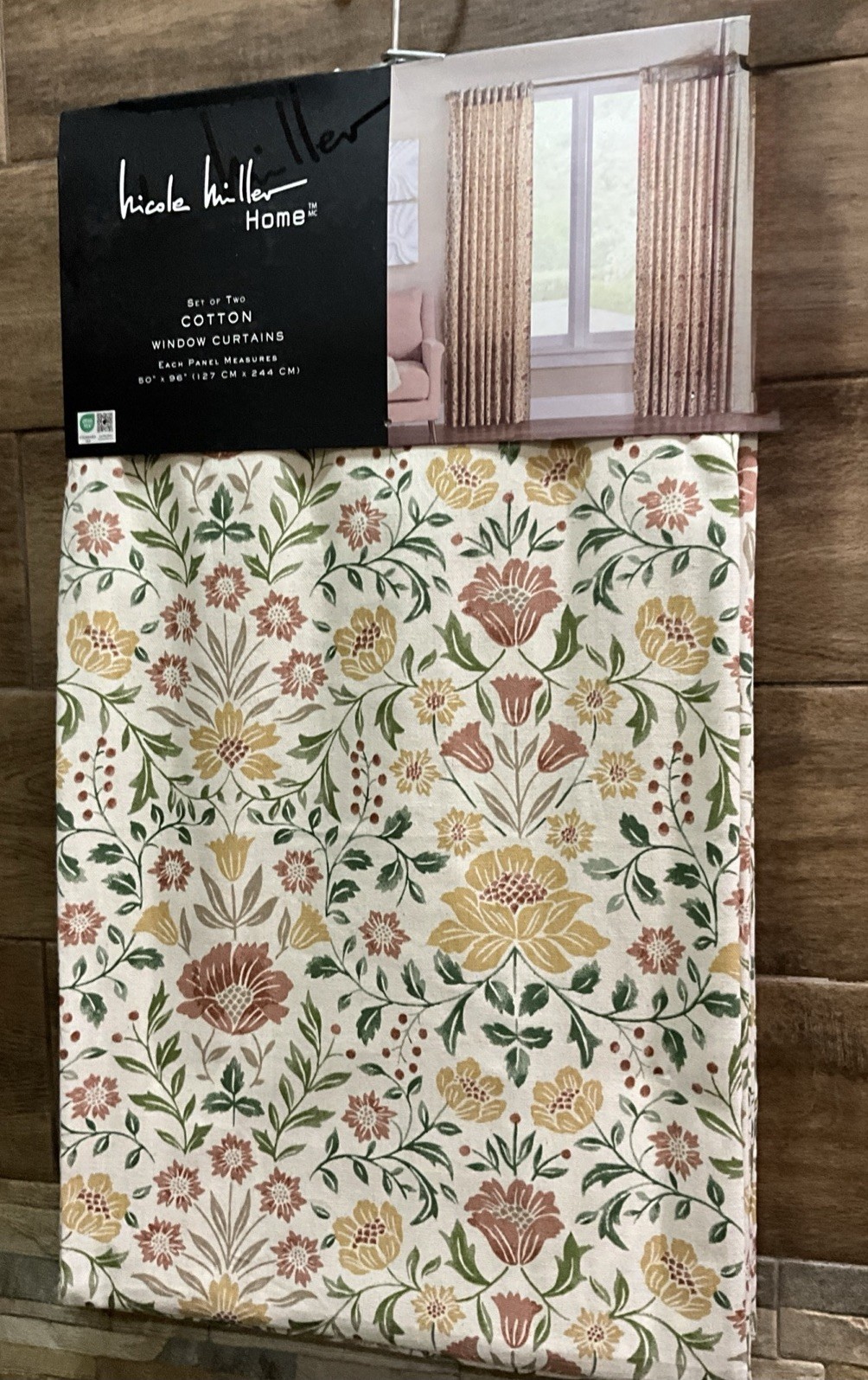 Nicole Miller Floral Jacobean Cotton Two Back Tab Window Panels – New – 50 x 96”