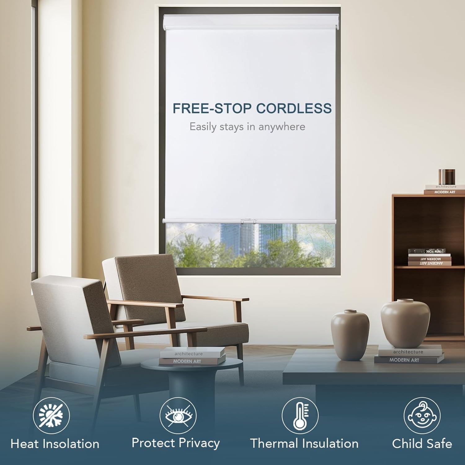 Roller Window Shades Free-Stop Cordless Blackout Blinds, Thermal Insulated Pull