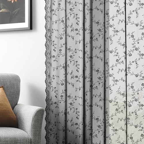 Sheer Lace Curtains 96 Inches Long, 52″W x 96″L (Pack of 2) Black-branch