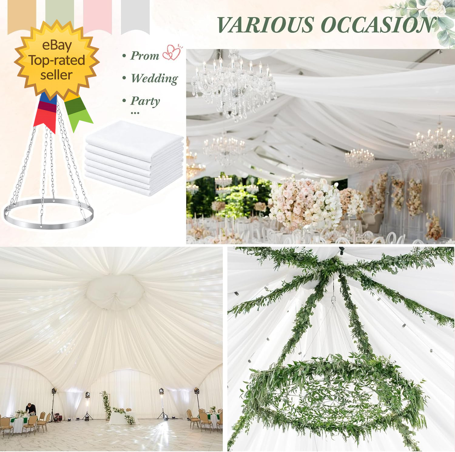 5Ft X 20Ft 6 Panels 12 Inches Ceiling Drapes Hanging Kit with Drapery Ceiling Ho