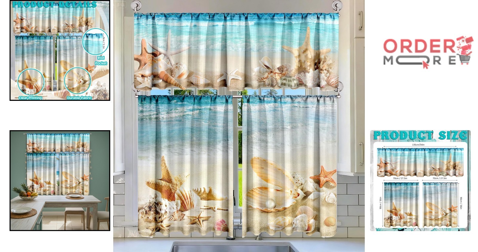 Beach Kitchen Curtains Set Coastal Starfish Shell Water Resistant Polyester
