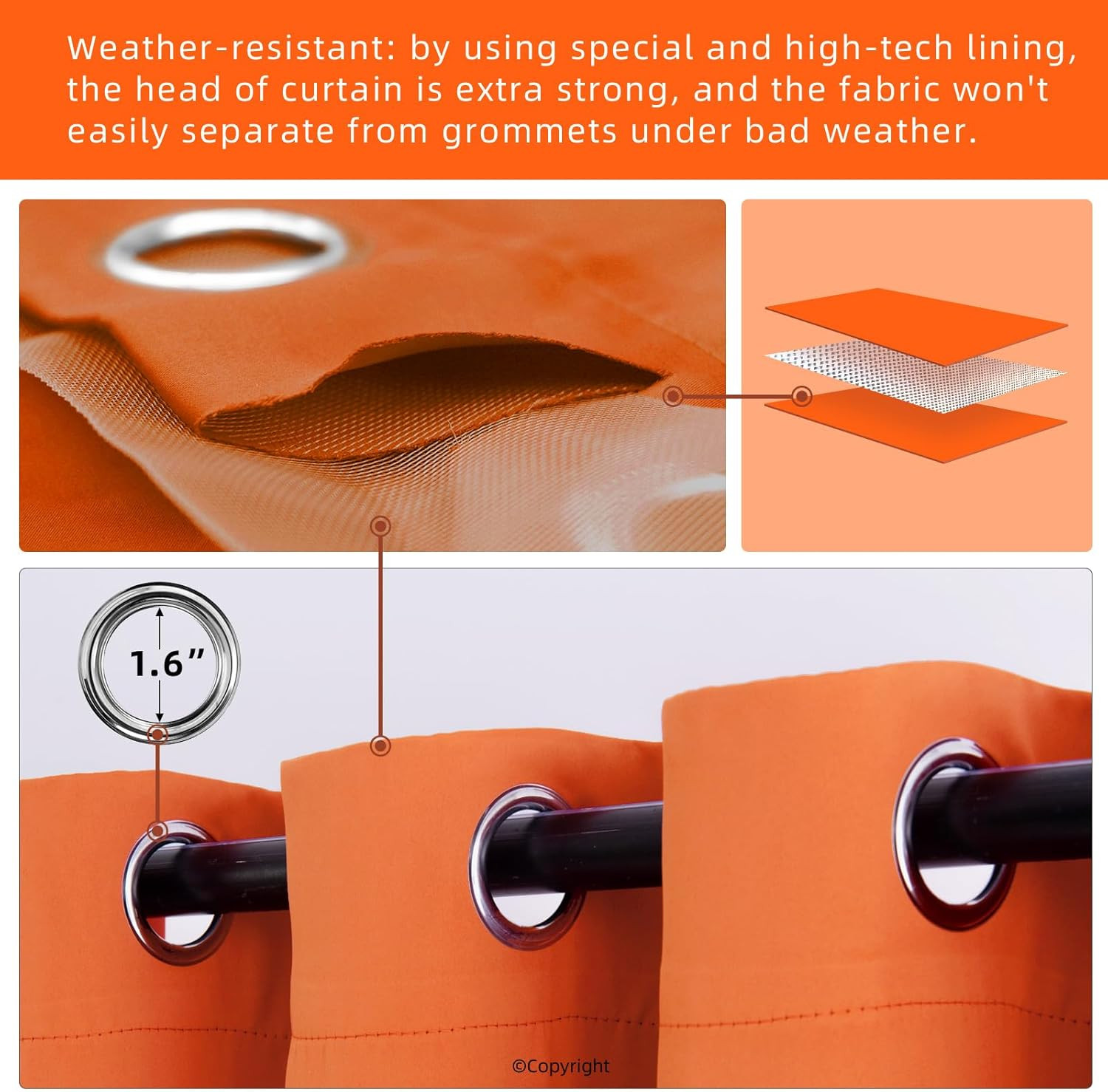 Waterproof Orange Outdoor Curtains W105 x L108 – 2 Panels for Patio & Home