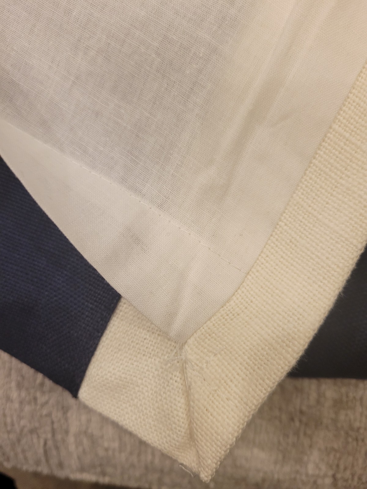 new Williams Sonoma Linen drapes window panels 96″ white w/ blue edge – set of 2