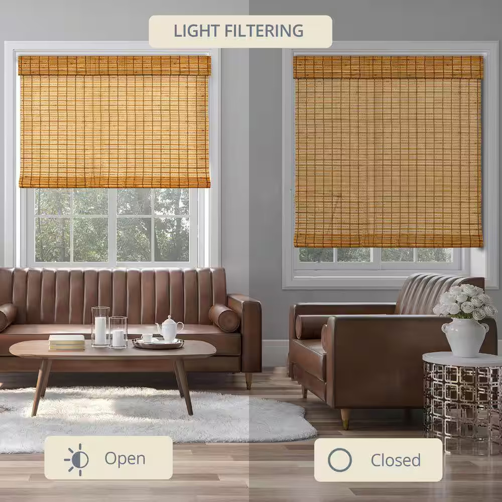Natural Woven Light Filtering Cordless Bamboo Roman Shades for Windows, 44 In. W