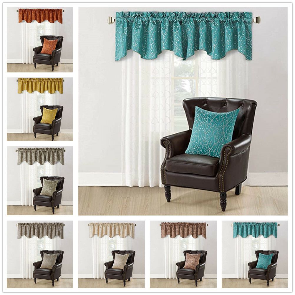 Branch Floral Embroidered Jacquard Valance Window Curtain and Pillow Cover Set