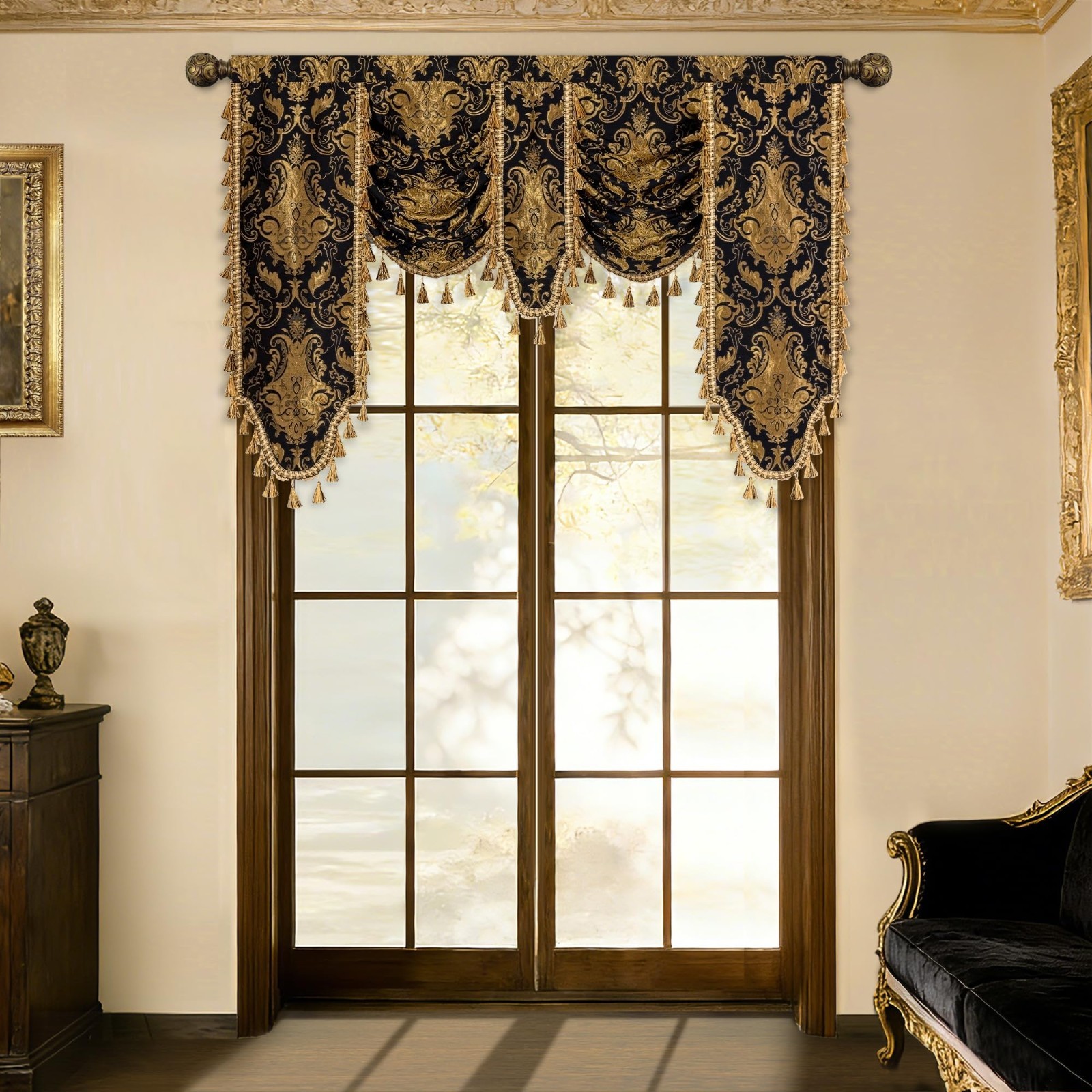 Luxury Damask Waterfall Valance Curtains, Black Gold, 59″ Wide, Elegant Home Dec