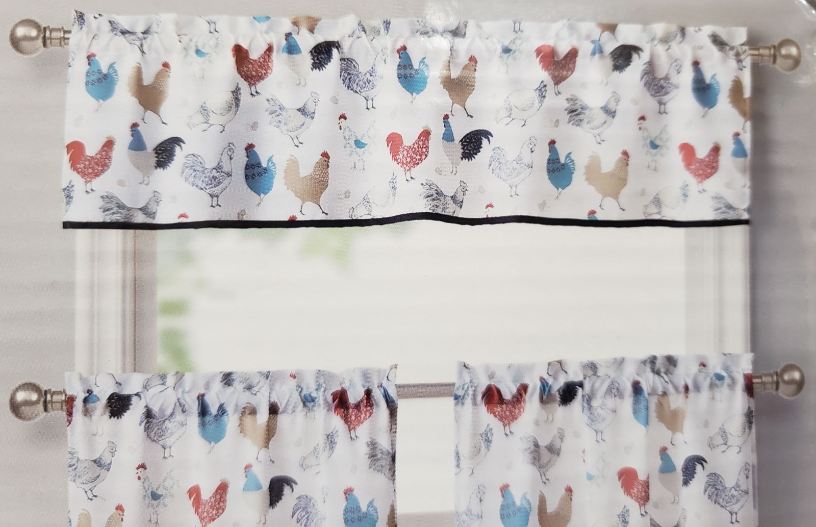 3pc Curtains Set:2 Tiers (28″x36″)& Valance (56″x15″) MULTICOLOR MODERN ROOSTERS