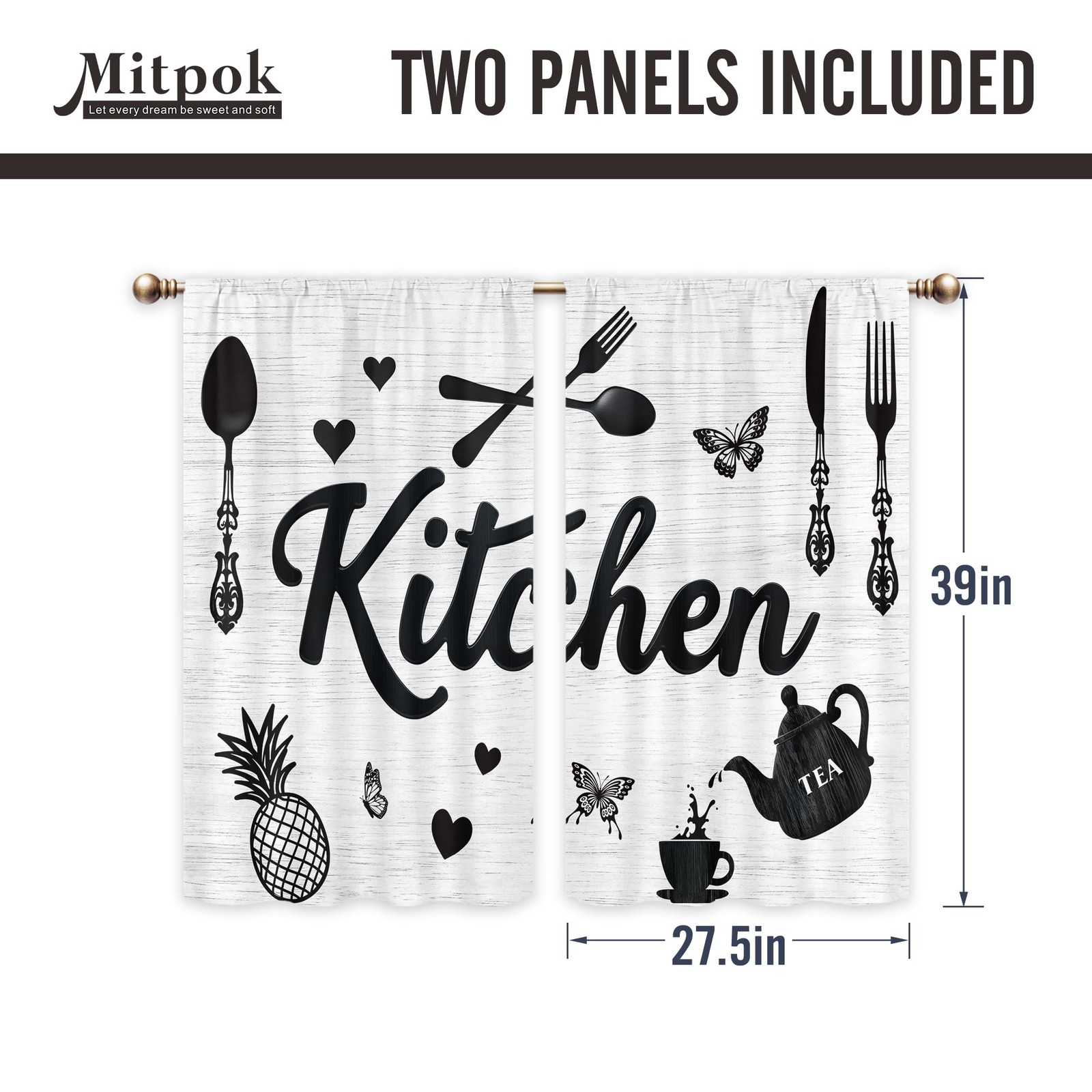 Black and White Kitchen Curtains for Bedroom 27.5Wx39H Inch Rod Pocket Farmho…