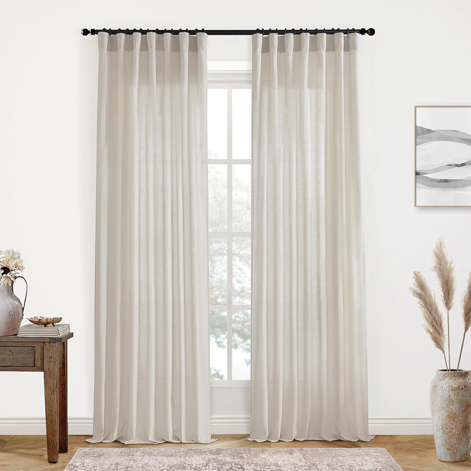 Oatmeal Beige Linen Cotton Sheer Curtains 120″ Long, 2 Panels Set