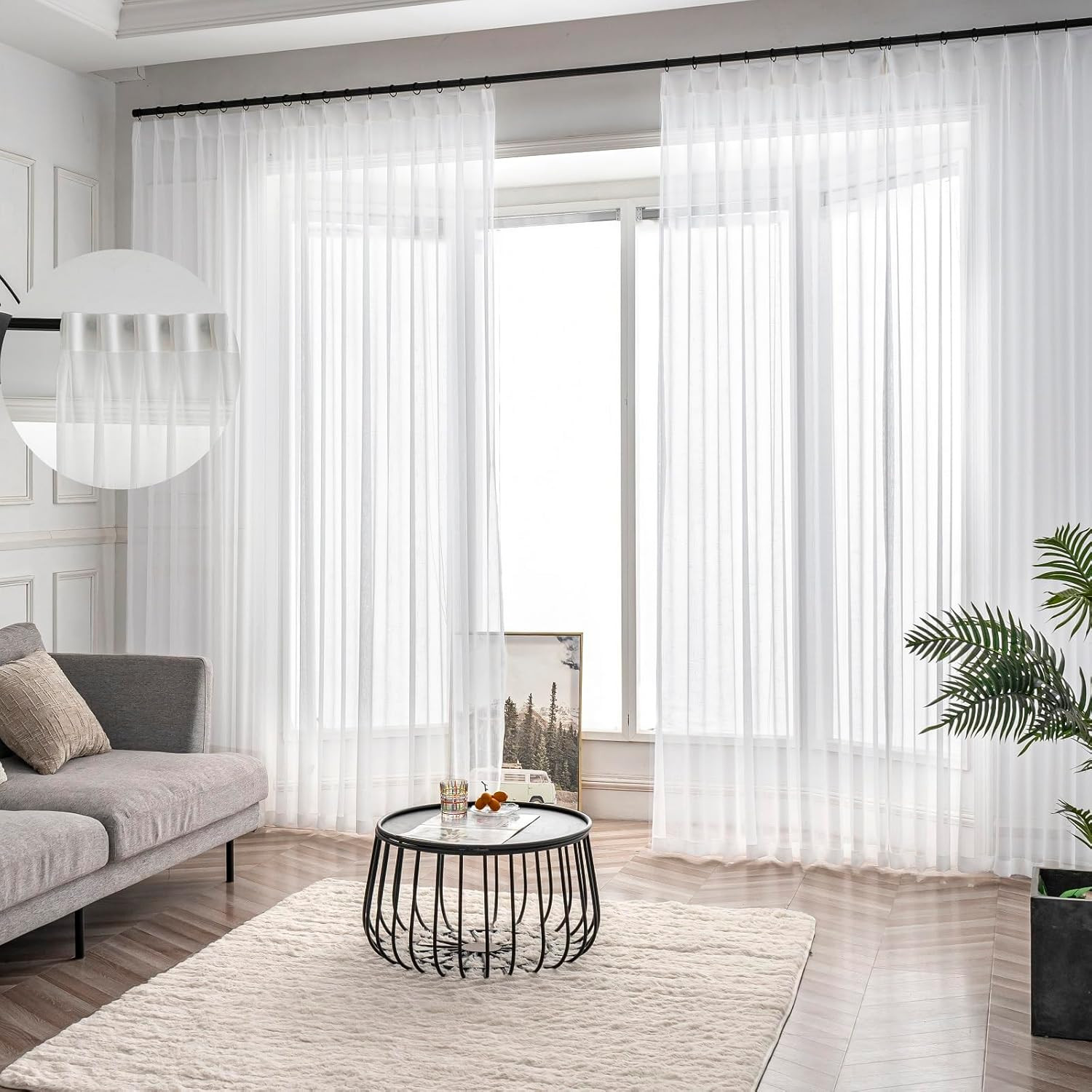 Off White Pinch Pleated Sheer Curtains 90 Inch 2 Panels Custom Long, Thin Textur