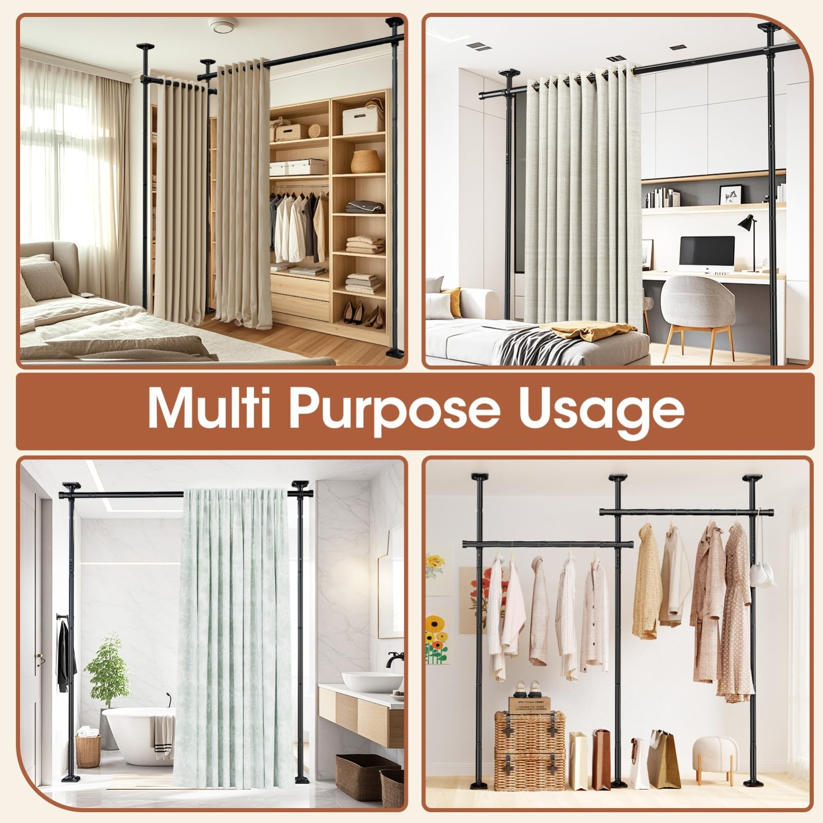 Adjustable Room Divider Curtain Rod – No Drill Wall Separator, 4-10ft Height, 28