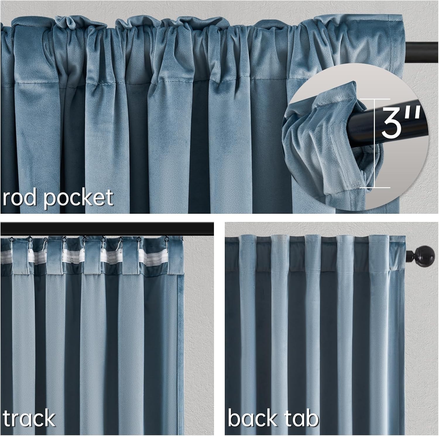 Blue Velvet Blackout Curtains 84 Inches Long, Slate Blue Light Stone Blue Dus…