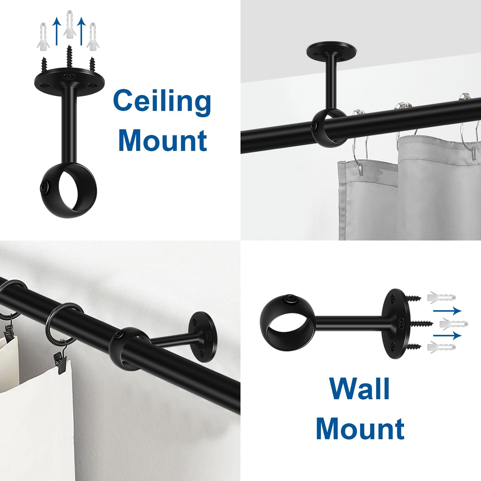 1-1/4 inch Ceiling Curtain Rod Brackets 4 Pack Heavy Duty Holders Black