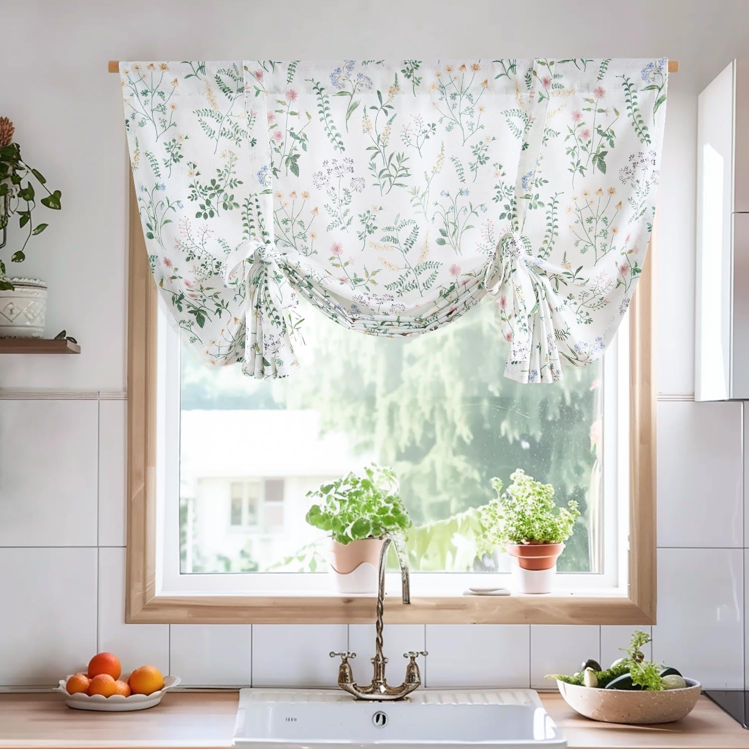 jinchan Floral Tie Up Valance Curtain Adjustable Linen Valance for Windows Farmh