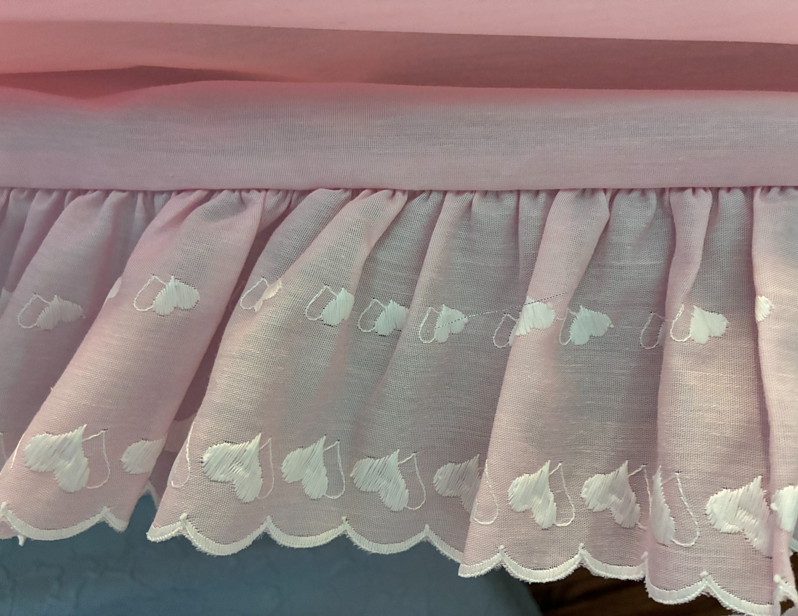 2 pink rod pocket curtain panels ruffled with embroidered hearts 38W x 84L