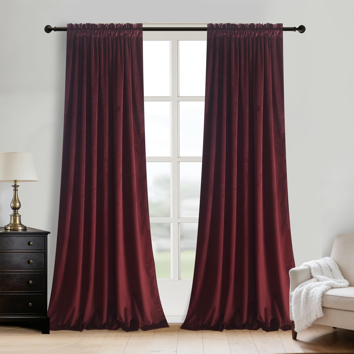 Luxurious Velvet Ruby Wine Curtains – 84″ Thermal Insulated Rod Pocket Drapes, 2