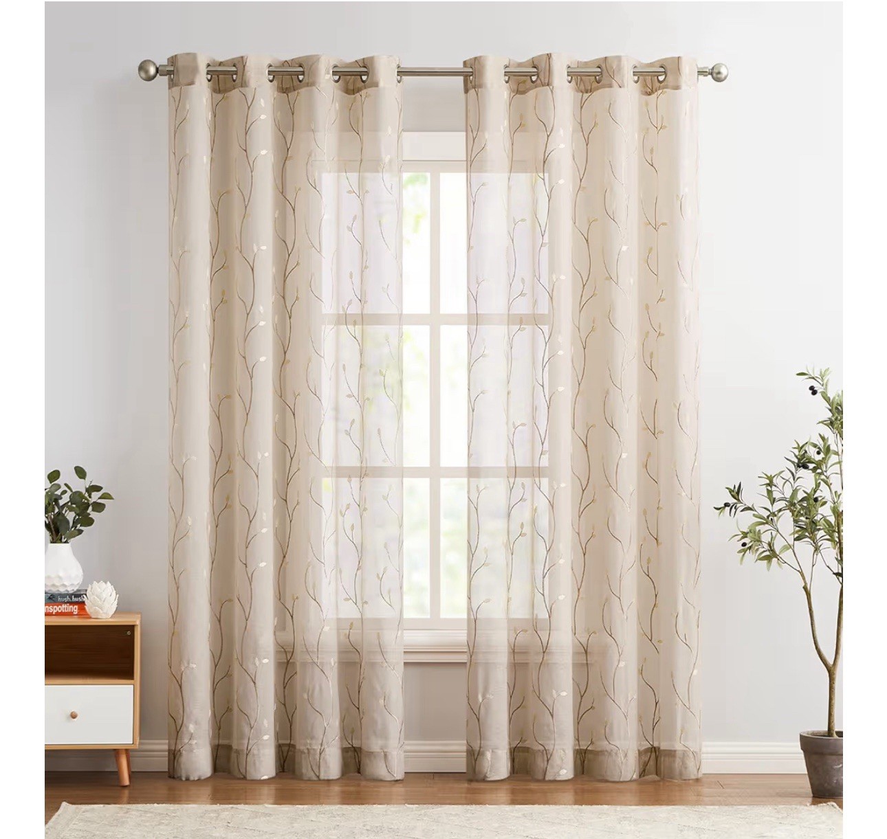 Jinchan Beige W/gold Leaves Transparent curtains window set of 2 panels
