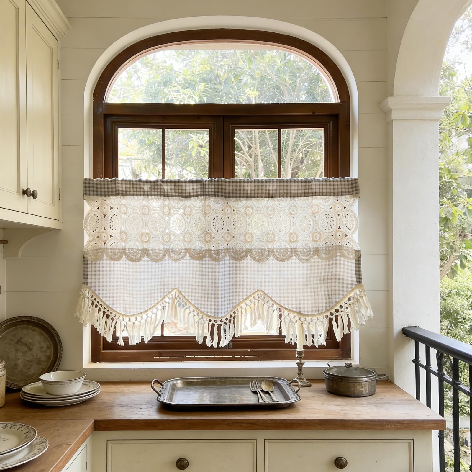 Boho Macrame Linen Knitted Lace Curtain Valance for Window Kitchen