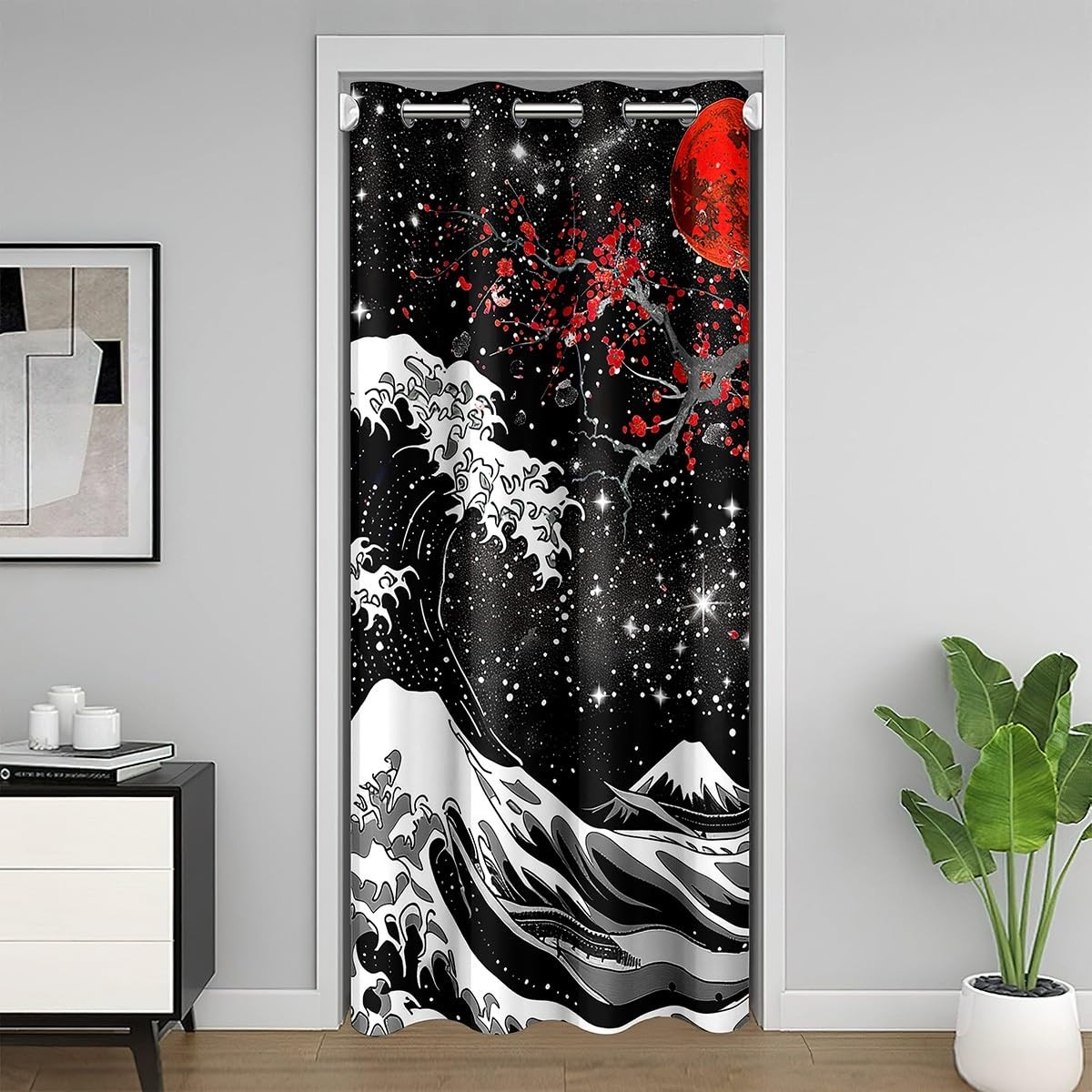 Japanese Wave Doorway Curtain Privacy 1 Panel, 52″x80″ Cherry Blossoms Blacko…
