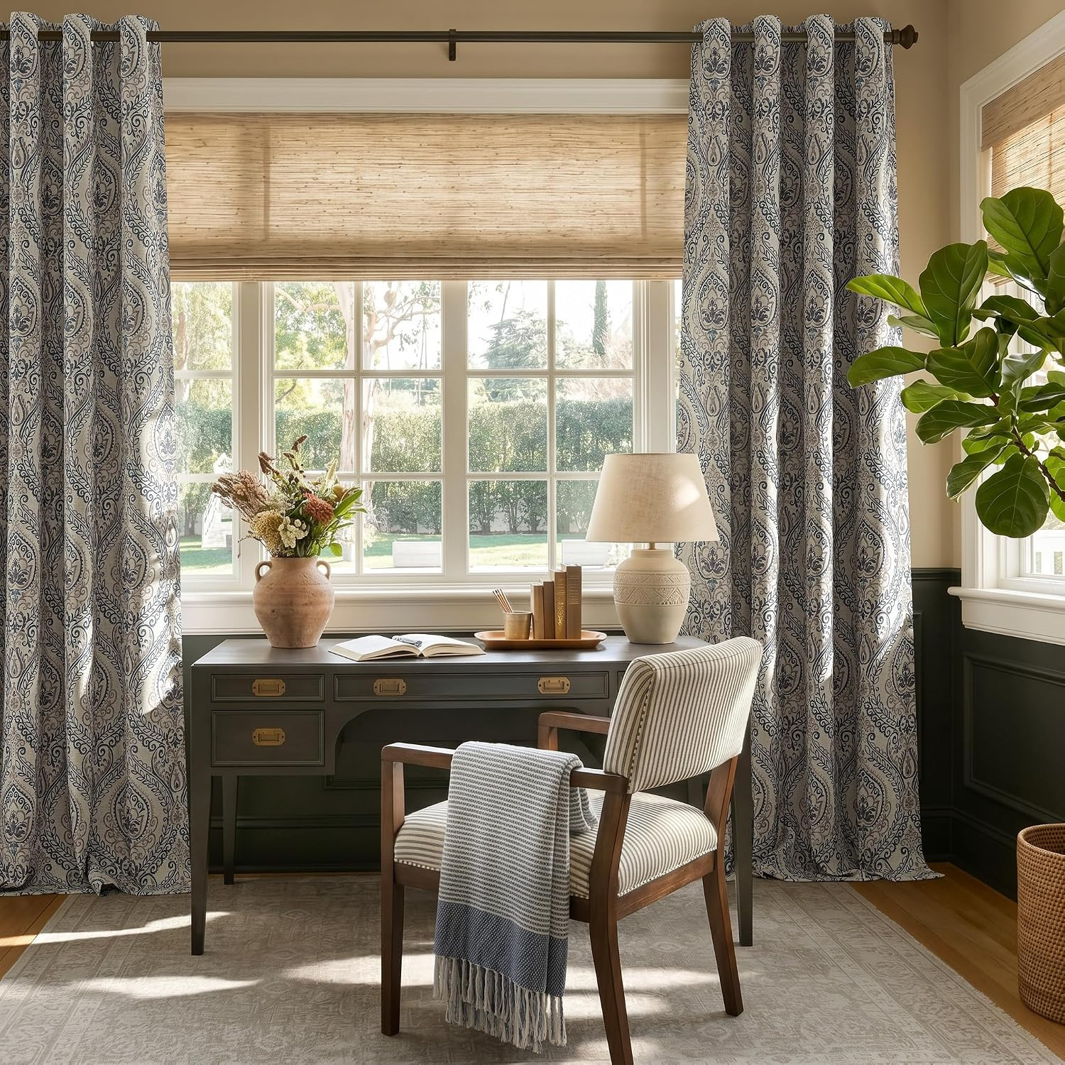 108 Inch Damask Linen Textured Curtain Panels Room Darkening Grommet Drapes