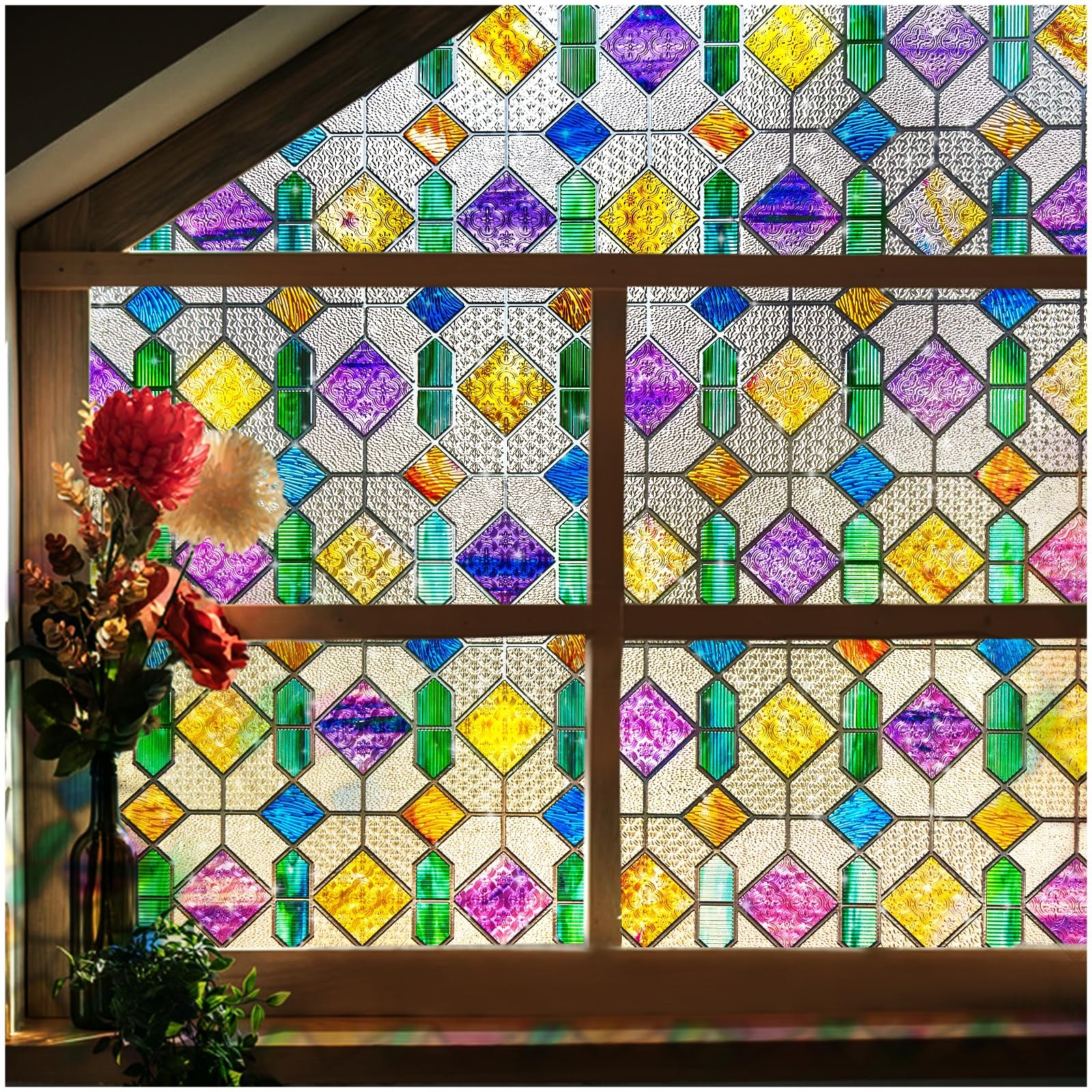 Window Privacy Film Stained Glass Rainbow 16.9 x 39.4 inch Peel and Stick