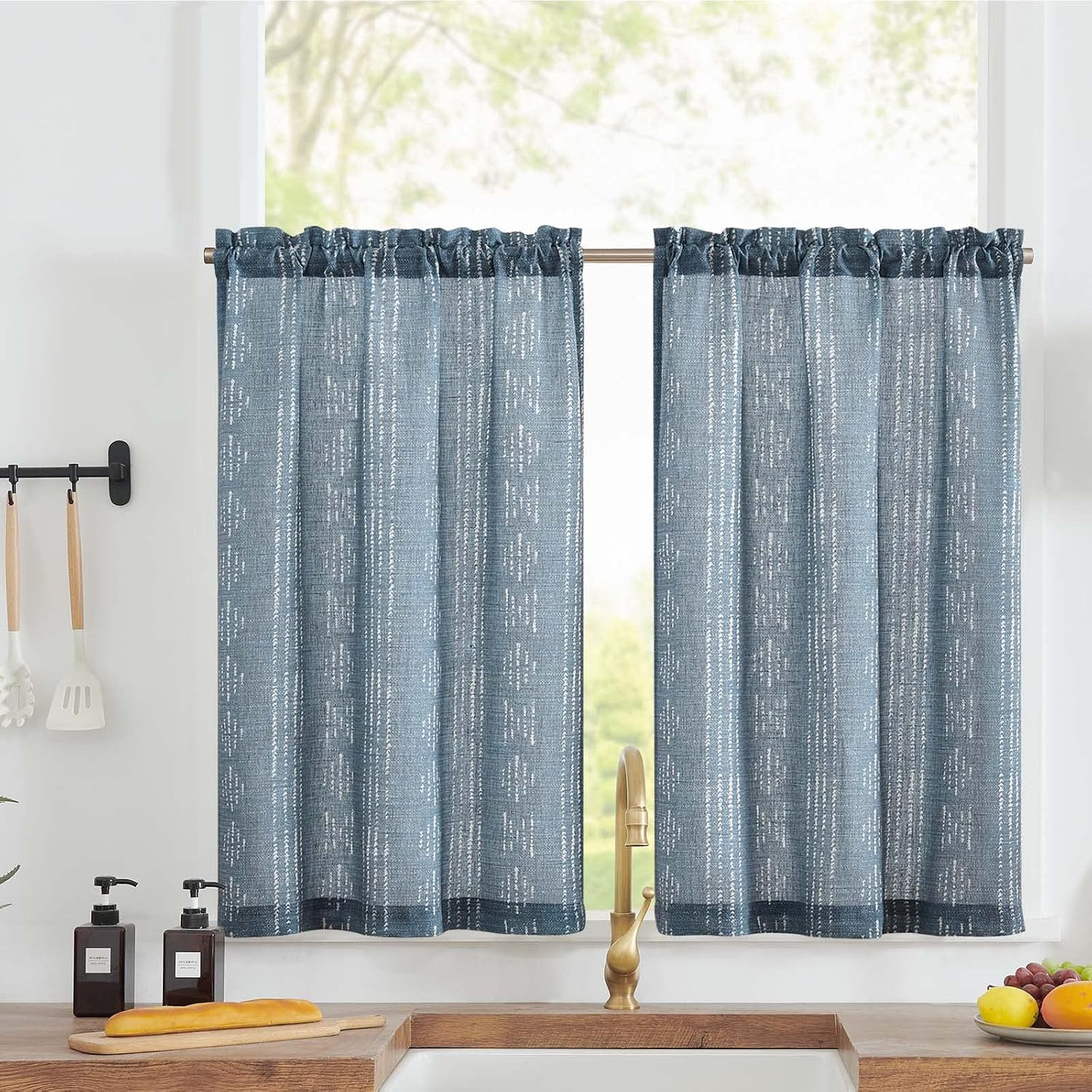 Boho Kitchen Curtains 36 Inch Bohemian Geometric Striped Linen Textured Tier Lig