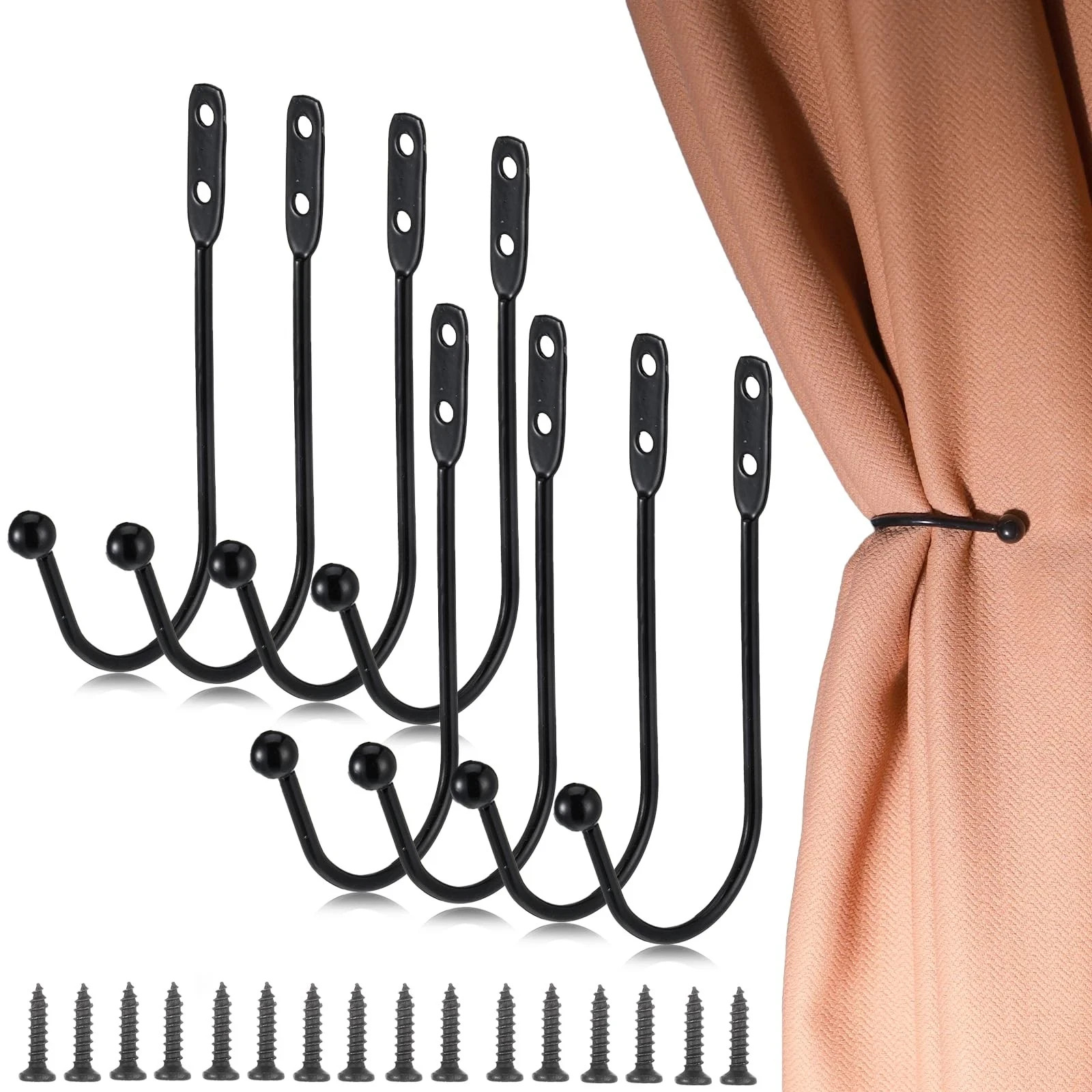 8 Pcs Metal Curtain Holdbacks, Black Tie Backs Wall One Size,