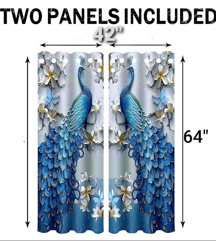 Blue Peacock Theme Grommet Top Curtains Blackout 42″W x 64″L Each Panel (2) NEW