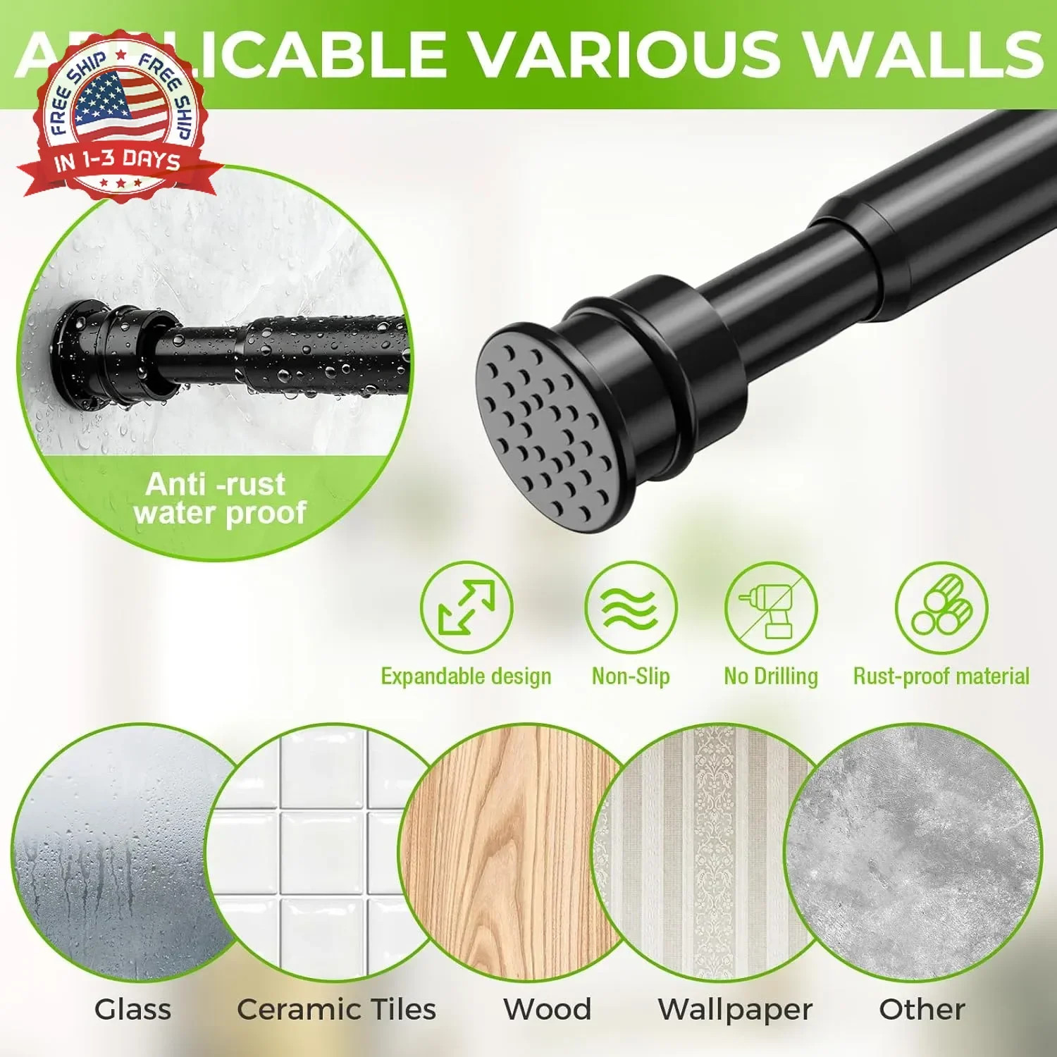 2 Pack Spring Tension Rods 28-48 Inches No Drill Tension Curtain Rods Black Spri