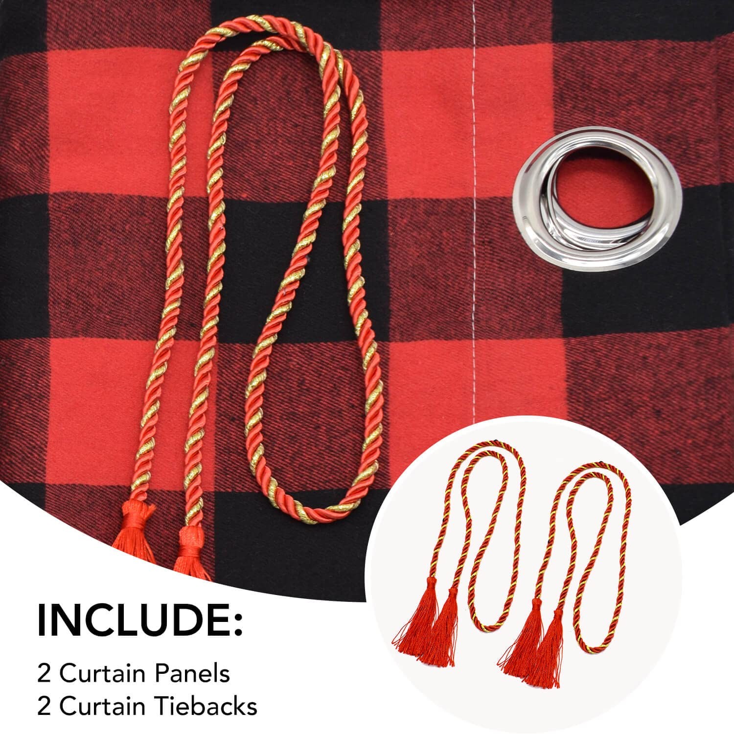 Christmas Red Buffalo Check Curtains 63 Inches 2 Panels, Red and Black Plaid Lig