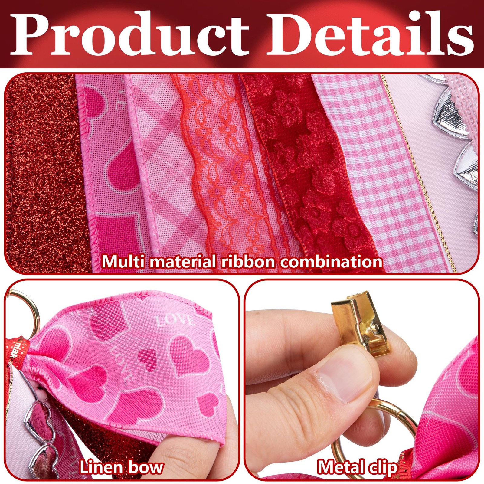 2 Pcs Valentine Assorted Ribbon Bow for Wreath, 30” x 20” Large Pink Clip-O…