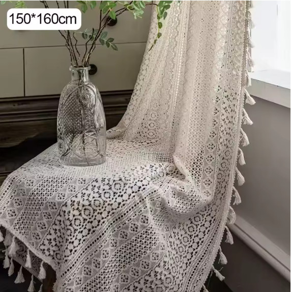 Boho Tassel Crochet Curtains for Living Room,Vintage Rod Pocket Curtains Geometr