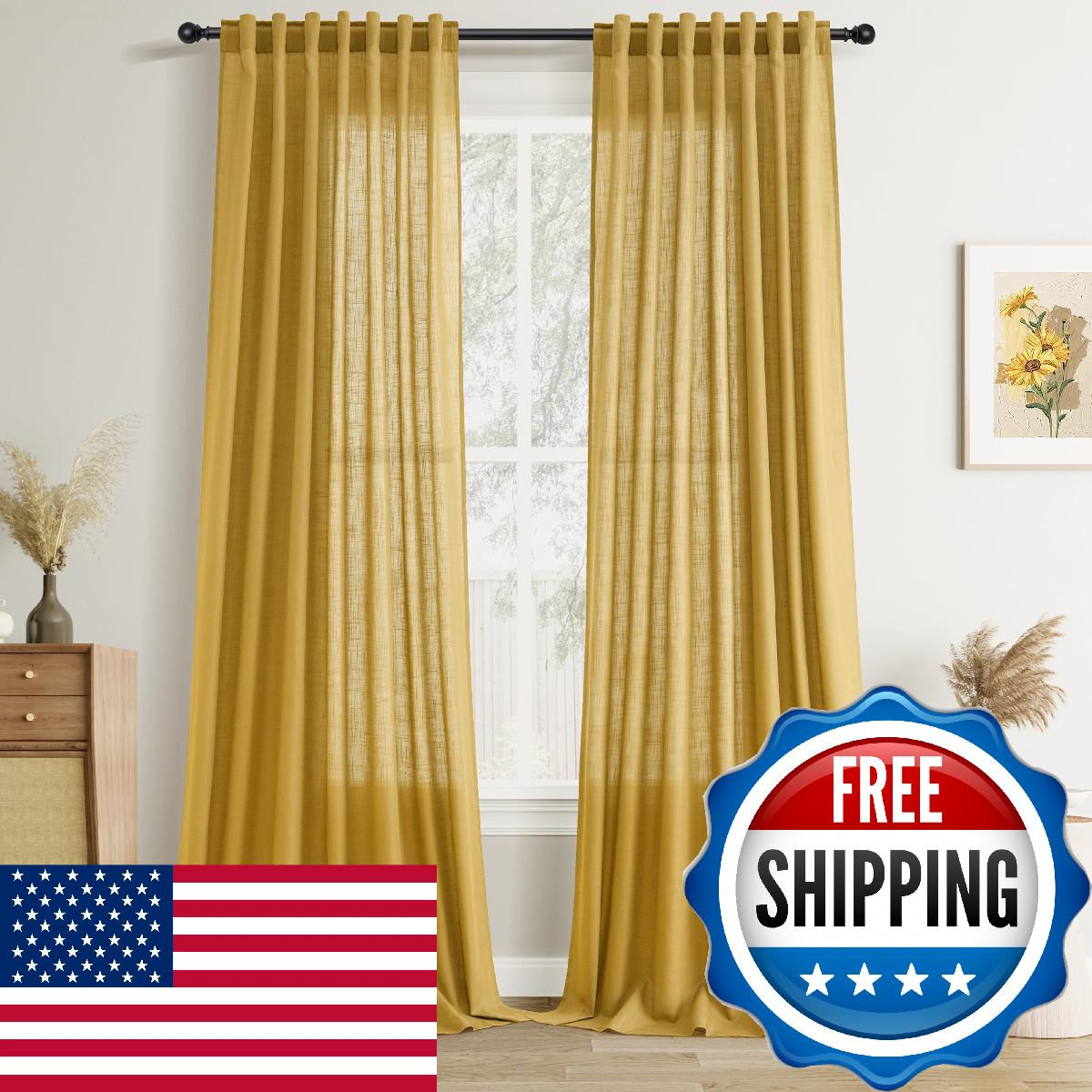 Joywell Gold Back Tab Rod Pocket Linen Curtains 108 Inches Long 2 Panels for Liv